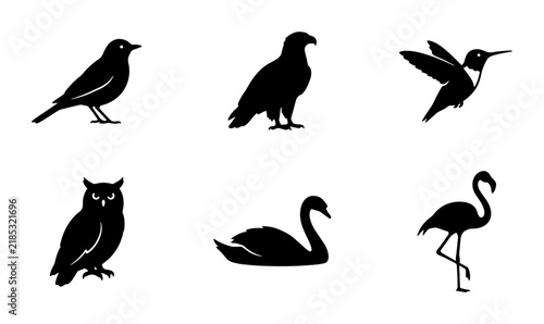Diverse Bird Silhouettes Collection, Vector Icons Set: Robin, Eagle, Hummingbird, Owl, Swan, Flamingo