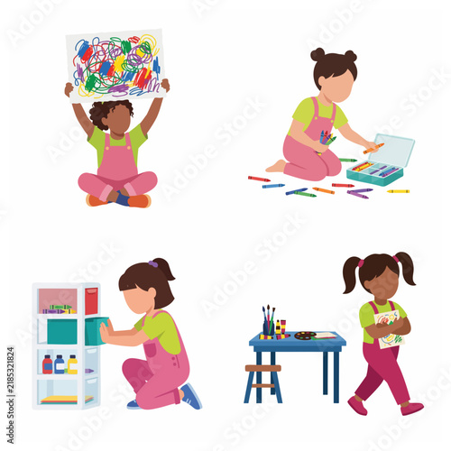 Set of diverse little girls engaged in creative art activities, drawing, and organizing supplies in flat vector illustration style.
