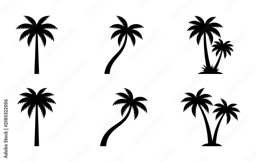 Naklejka premium Palm Tree Silhouettes, Tropical Vector Icons Set, Summer Beach Vacation Graphics, Island Flora Collection