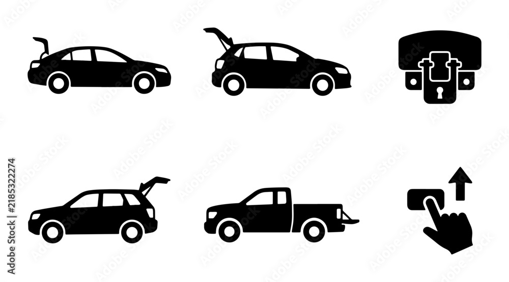 Fototapeta premium Car Trunk Icons, Automotive Boot Symbols, Vehicle Storage Access, Set of 6 Vector Graphics