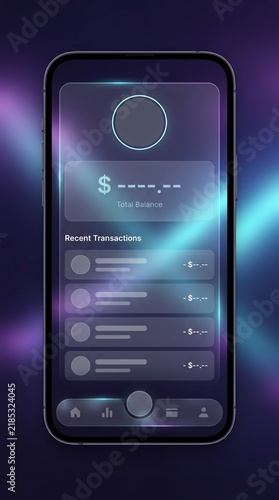 Futuristic mobile banking app interface, digital wallet on smartphone screen, neon glowing fintech dashboard for online payments