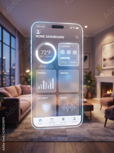 Smart home dashboard app on futuristic glass phone, digital interface for automation control, glowing mobile UI in modern living room