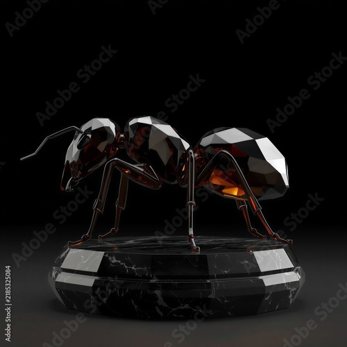 Low-Poly Obsidian Insect Sculpture on Marble