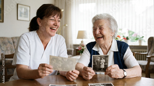 Caregiver and elderly woman laughing over cherished family photographs together