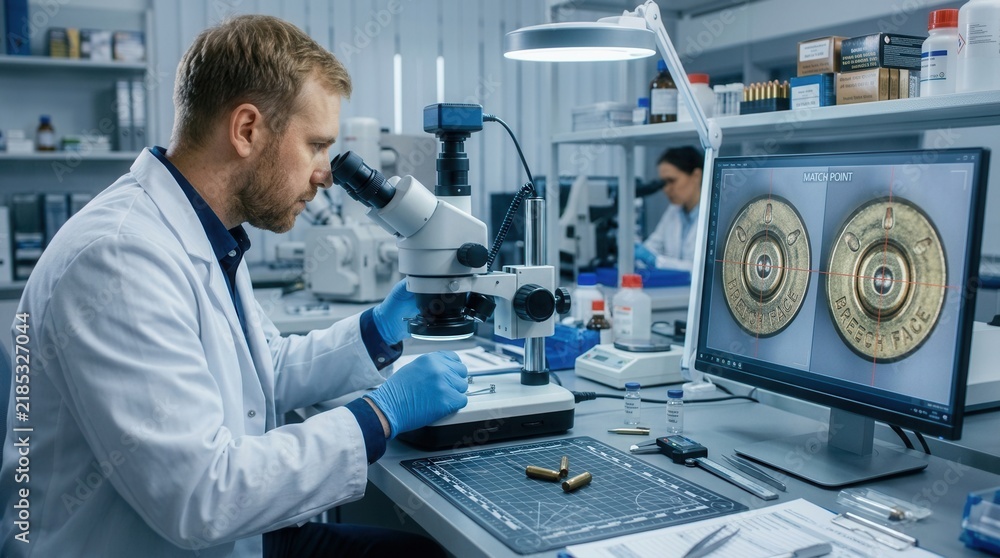 Obraz premium Forensic Scientist Examines Ballistics Evidence Under Microscope