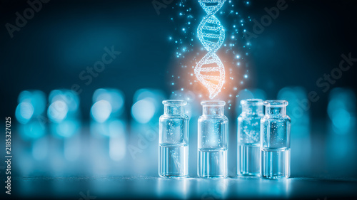 Laboratory vials beneath a DNA helix represent genetic research biotechnology and precision medicine development.
