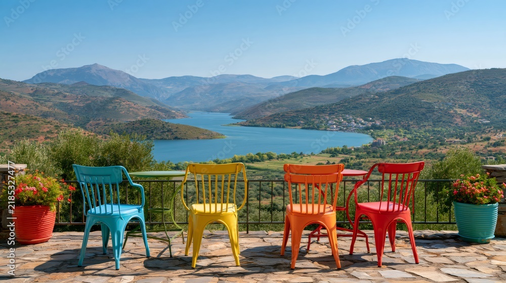 Obraz premium Colorful chairs overlooking lake kournas and mountain landscape