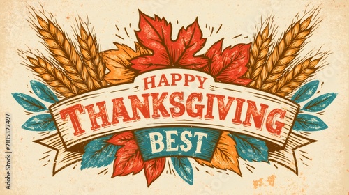 Happy thanksgiving vintage banner with autumn leaves and wheat