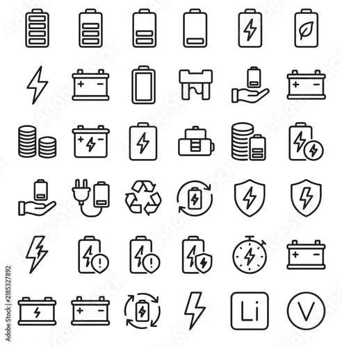 Battery Line Icons Set – Charging, Power Level, Energy, Recharge, Accumulator Editable Stroke Outline Vector

