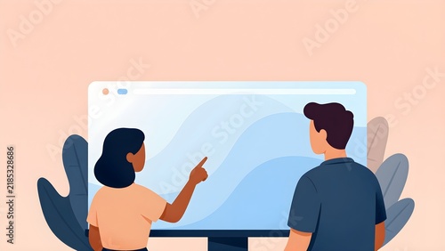 Black woman and Caucasian man looking at a computer screen with abstract waves flat illustration