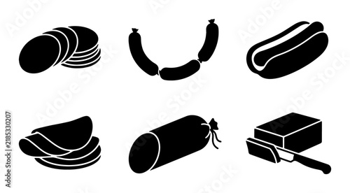 Sausage Icons Set: Sliced, Links, Hot Dog, Bologna, Butter & Knife Vector Graphics