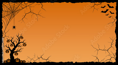 Halloween orange background with spooky tree bats and torn paper border