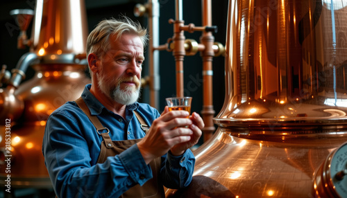 A commanding commercial portrait of a master brewer inspecting a glass of beer in a copper brewery during oktoberfest celebrations