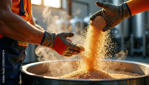 Brewery worker pouring crushed malt into mash tun hopper for beer production in a vibrant brewing facility
