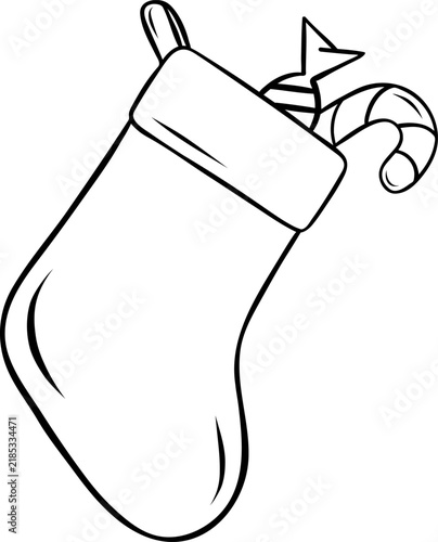 Christmas sock filled with sweets -lollipops and candies, simple vector black and white icon, doodle and sketch style