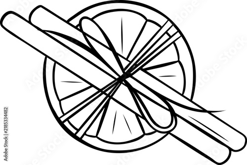 a slice of dried orange with cinnamon sticks, fragrant spices for Christmas mulled wine, a simple vector black and white icon, doodle style and sketch