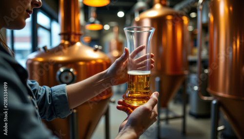 Brewmaster assessing wort density with hydrometer in a modern craft brewery during oktoberfest celebration
