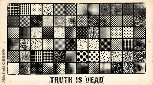 Abstract grunge collage of black and white checkered optical illusion patterns with vintage borders and 