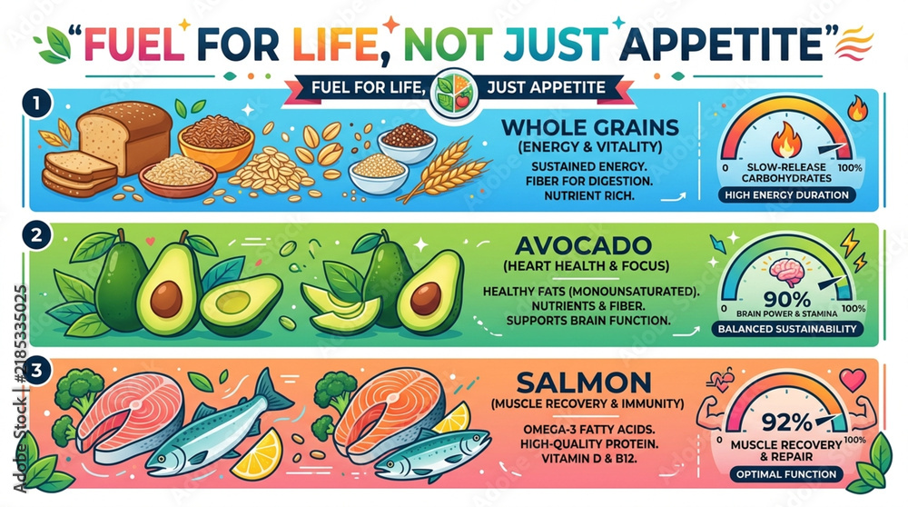 Fototapeta premium Healthy Nutrition Infographic Banner Featuring Whole Grains Avocado and Salmon for Wellness