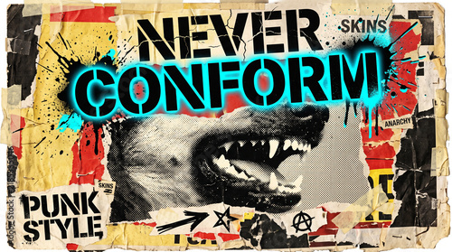 Ripped paper collage poster featuring a snarling wolf and bold blue typography saying Never Conform. Vintage punk rock grunge aesthetic.