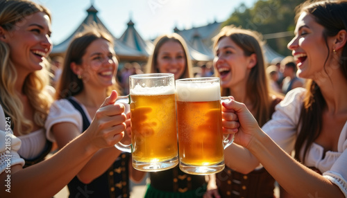 A group of diverse friends joyfully celebrating at oktoberfest raising their beer steins in a vibrant garden atmosphere