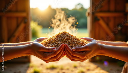 Hands holding organic golden malted barley grains for brewing beer during oktoberfest celebrations in autumn
