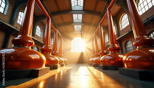 Stunning design of a contemporary distillery showcasing copper pot stills in a beautifully illuminated space