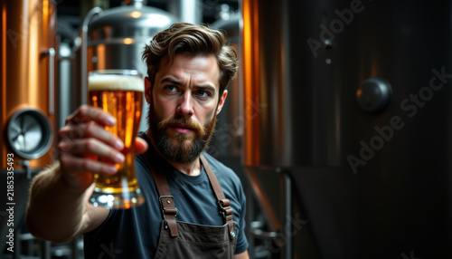 Expert brewer analyzing a glass of artisanal beer at a brewery during a festive oktoberfest event