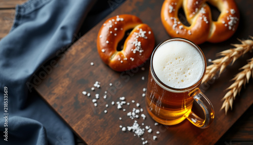Tasty pretzels paired with refreshing beer served on a rustic wooden board for an autumn oktoberfest celebration