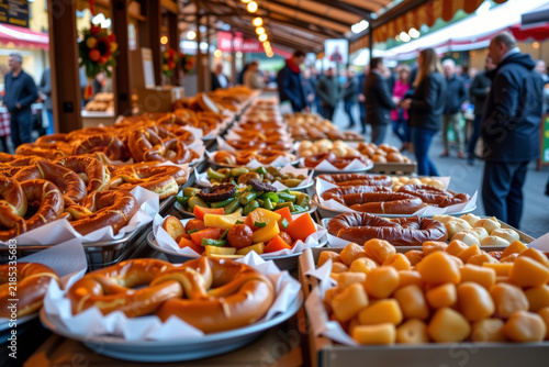 Vibrant oktoberfest food market display with pretzels sausages and autumn vegetables in a festive setting