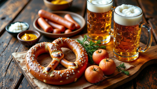 Traditional bavarian oktoberfest food featuring beer pretzels sausages and autumn fruits in a festive flat lay composition