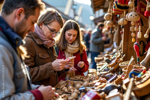 Festive gathering at a traditional market during oktoberfest celebrations featuring friends shopping for unique crafts