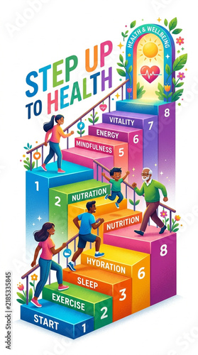 Step Up to Health Infographic Concept Illustration with Diverse People Climbing Colorful Stairs for Wellbeing and Healthy Lifestyle Habits