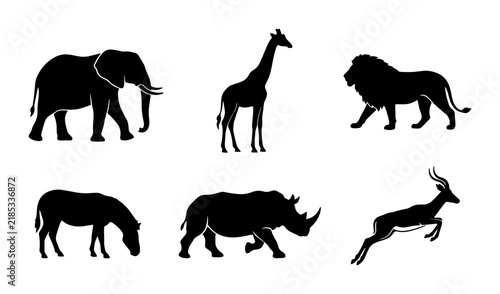 Canvas Print African Wildlife Silhouettes: Elephant, Giraffe, Lion, Rhino, Antelope Vector Ic