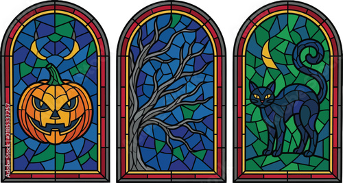 Принти на полотні Fully editable EPS, vector Halloween Stained Glass Window Vector Set, Arched Pum