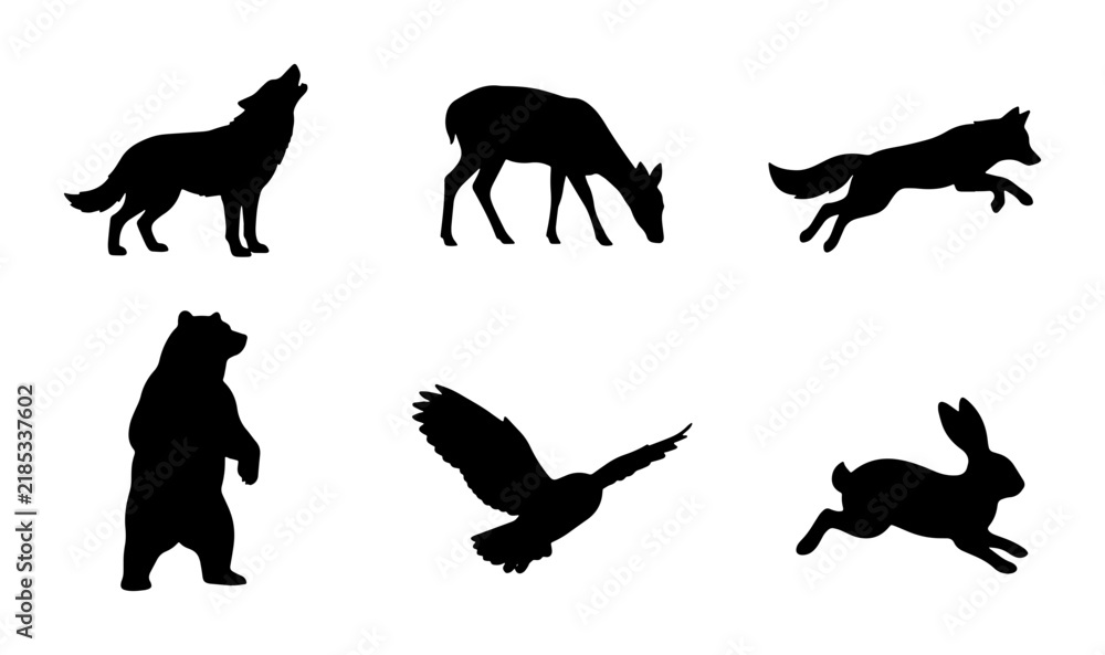 Obraz premium Wild Animal Silhouettes: Wolf, Deer, Fox, Bear, Owl, Rabbit Vector Icons for Nature and Wildlife Designs