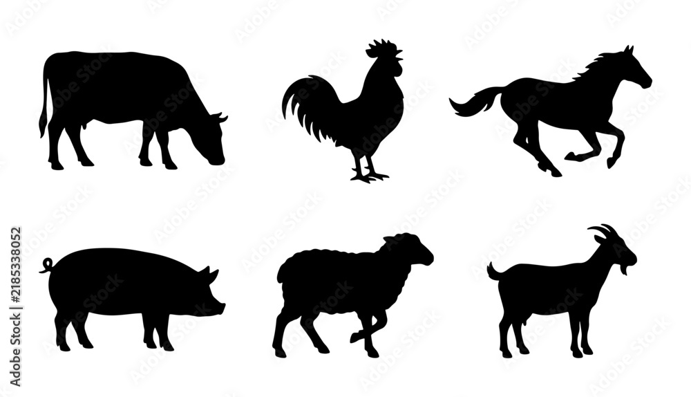 Fototapeta premium Farm Animal Silhouettes: Cow, Rooster, Horse, Pig, Sheep, Goat Vector Icons for Agriculture and Livestock Concepts