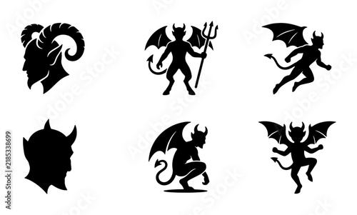 Foto Demon Silhouettes Collection, Devil Icons Set, Evil Character Vector Graphics, F