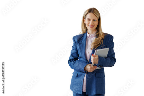 Confident businesswoman smiling, standing, holding tablet, having successful career and professional expertise on transparent background