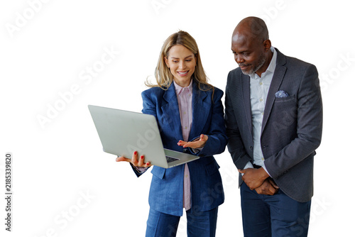 Business colleagues collaborating on project, woman showing laptop screen to male partner, transparent background