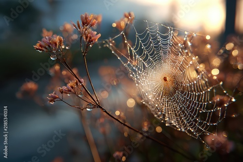 A hyper realistic photo of a dew covered spiderweb