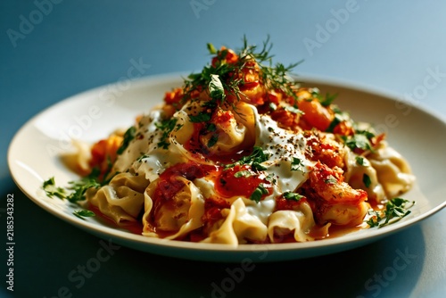 Small dumplings are neatly arranged on a plate with yogurt and red sauce on a blue background