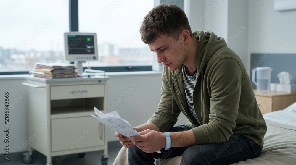 Obraz premium Young Man Worriedly Reading Medical Documents in Hospital Room