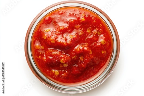 A jar holds chilli sauce with a thick, red texture against a plain white backdrop