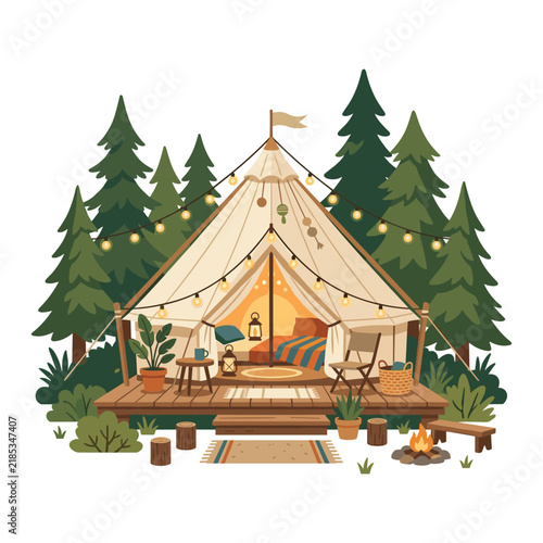 Cozy glamping tent with lights in a pine forest