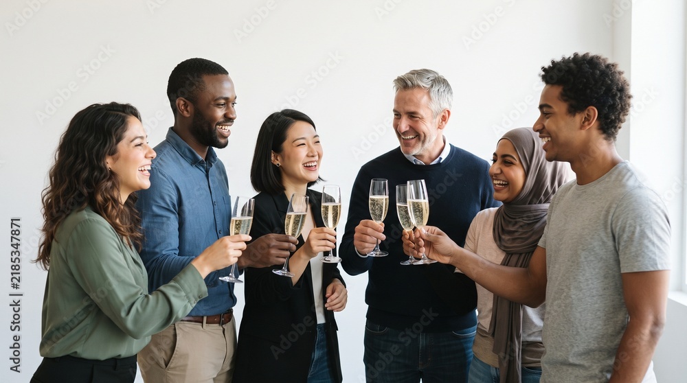 Obraz premium Diverse group of coworkers celebrating with champagne, toasting success together