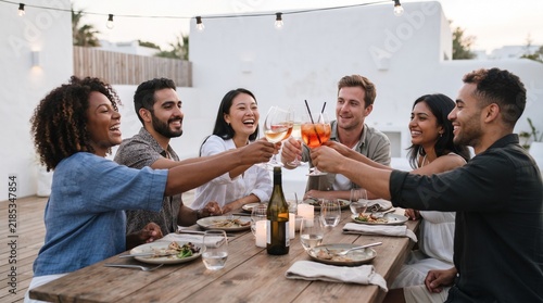Diverse young adults celebrating with drinks and food at an outdoor dinner party