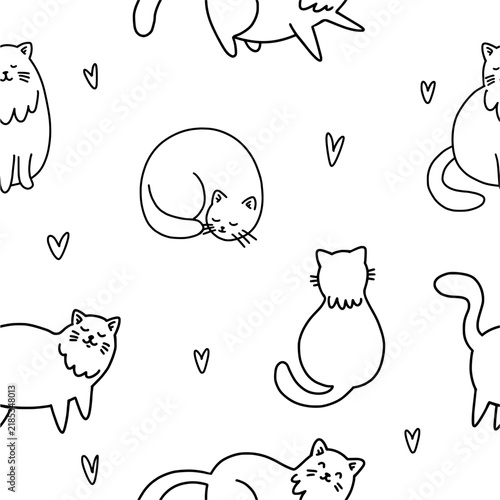 A pattern of funny cats hand-drawn in a black line doodle style