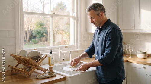 Man washing dishes by hand in a bright kitchen with a garden view
