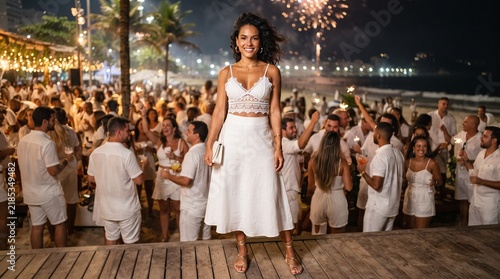 Brazilian woman in white dress at a lively beach party with fireworks